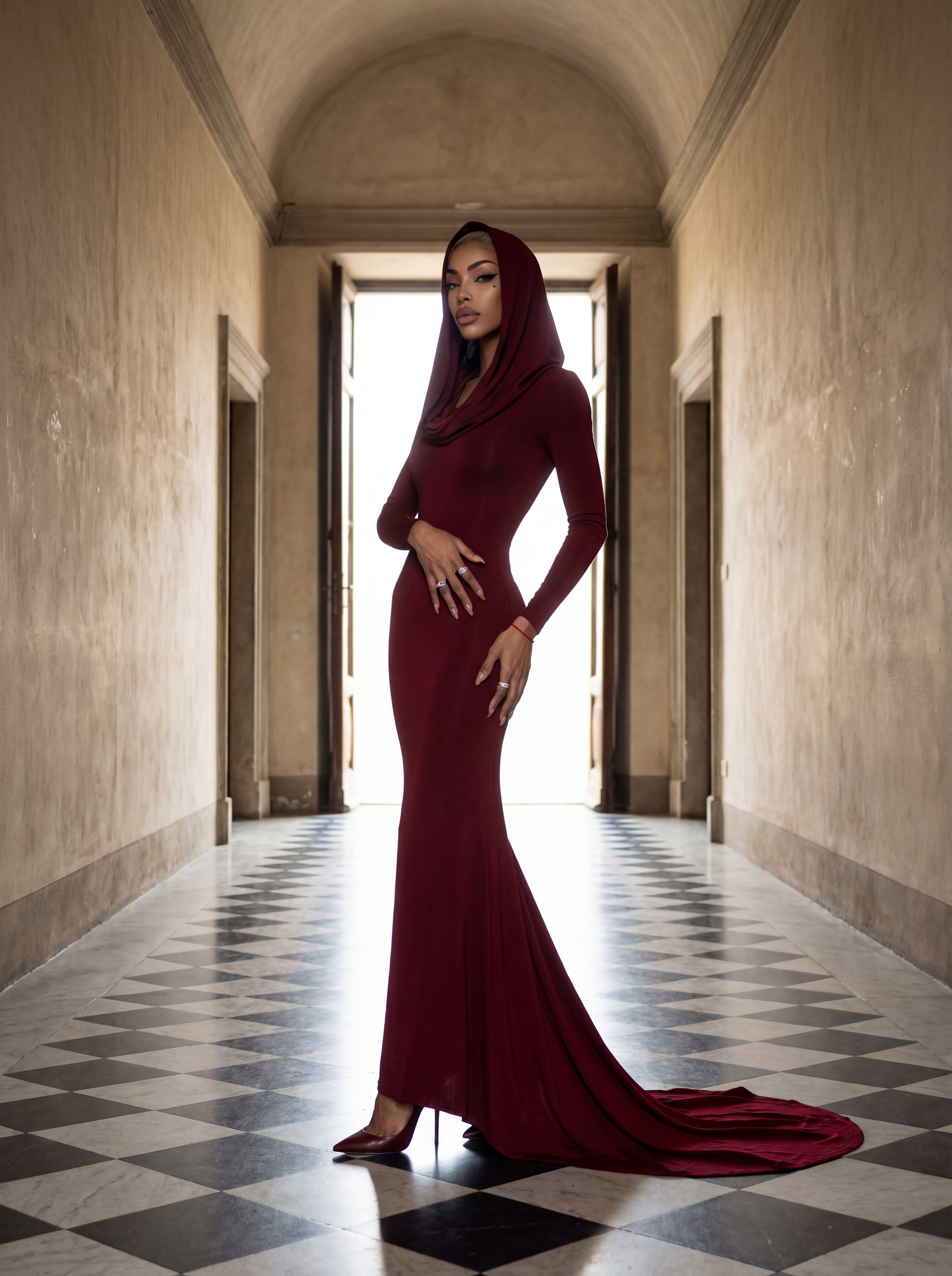 Woman in a burgundy dress standing in a hallway with checkered floor