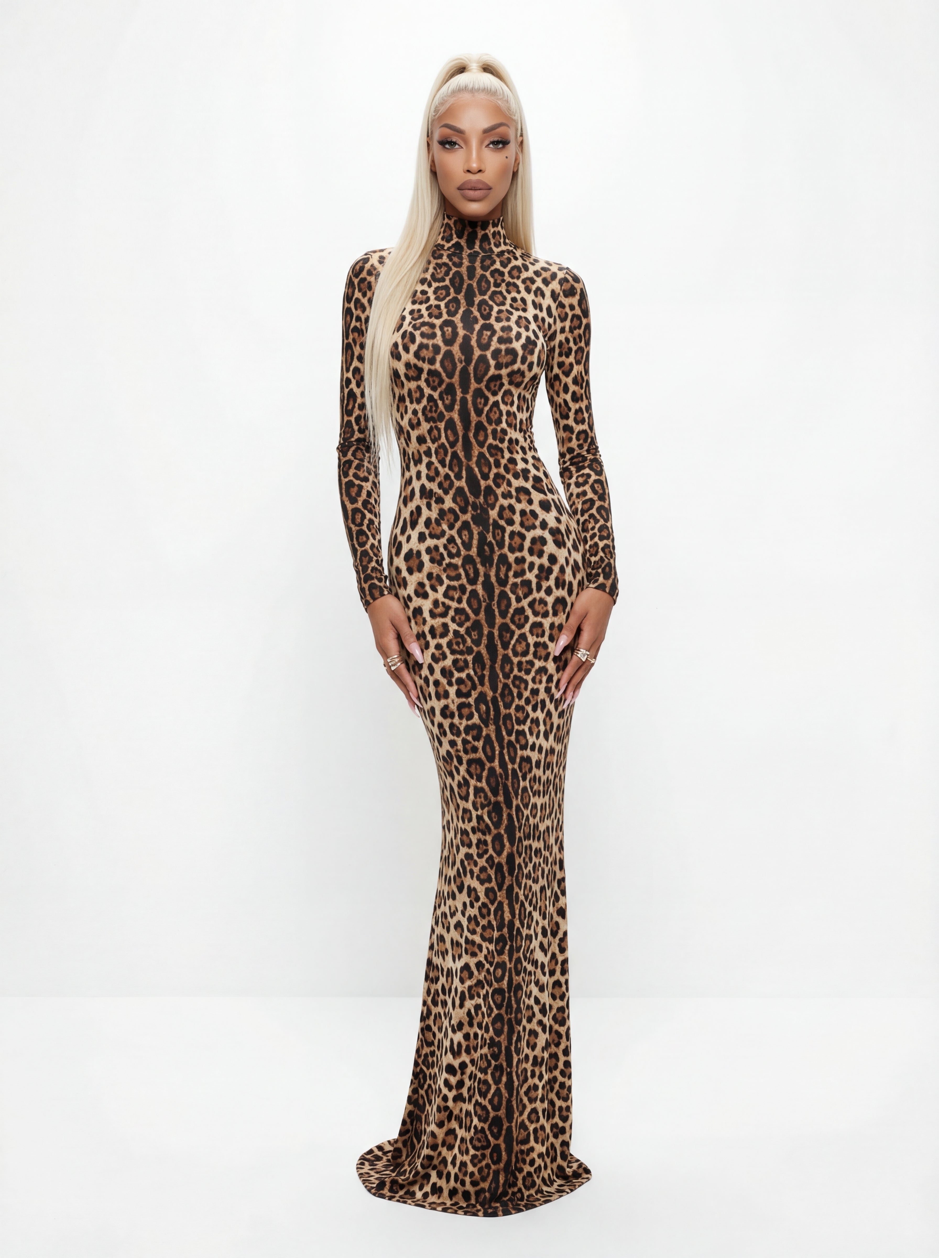 Woman wearing a leopard print dress on a white background