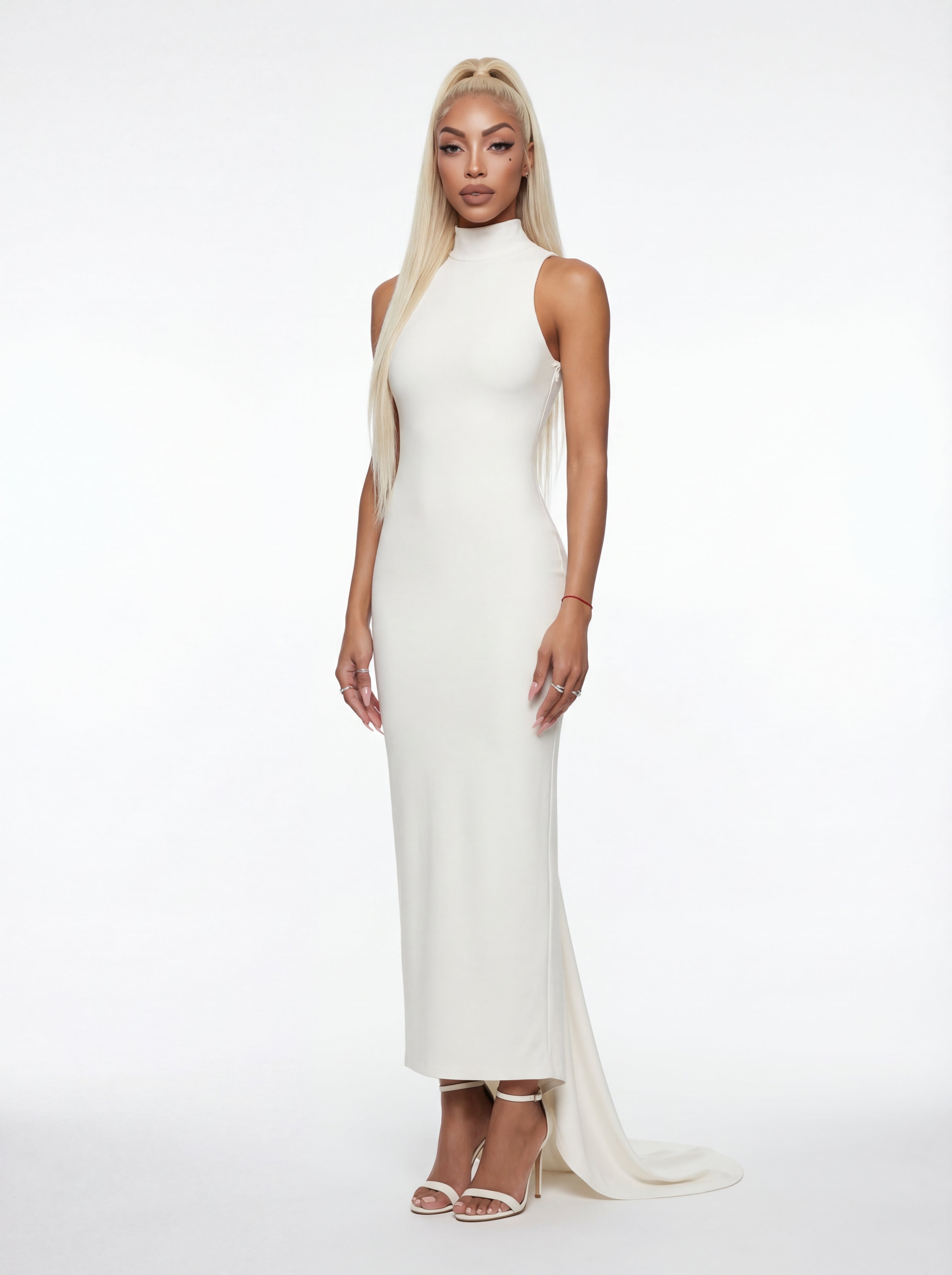 Woman wearing a white sleeveless gown on a white background